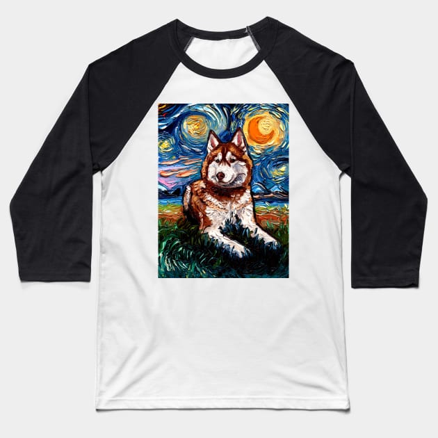 Red and White Husky Night Baseball T-Shirt by sagittariusgallery